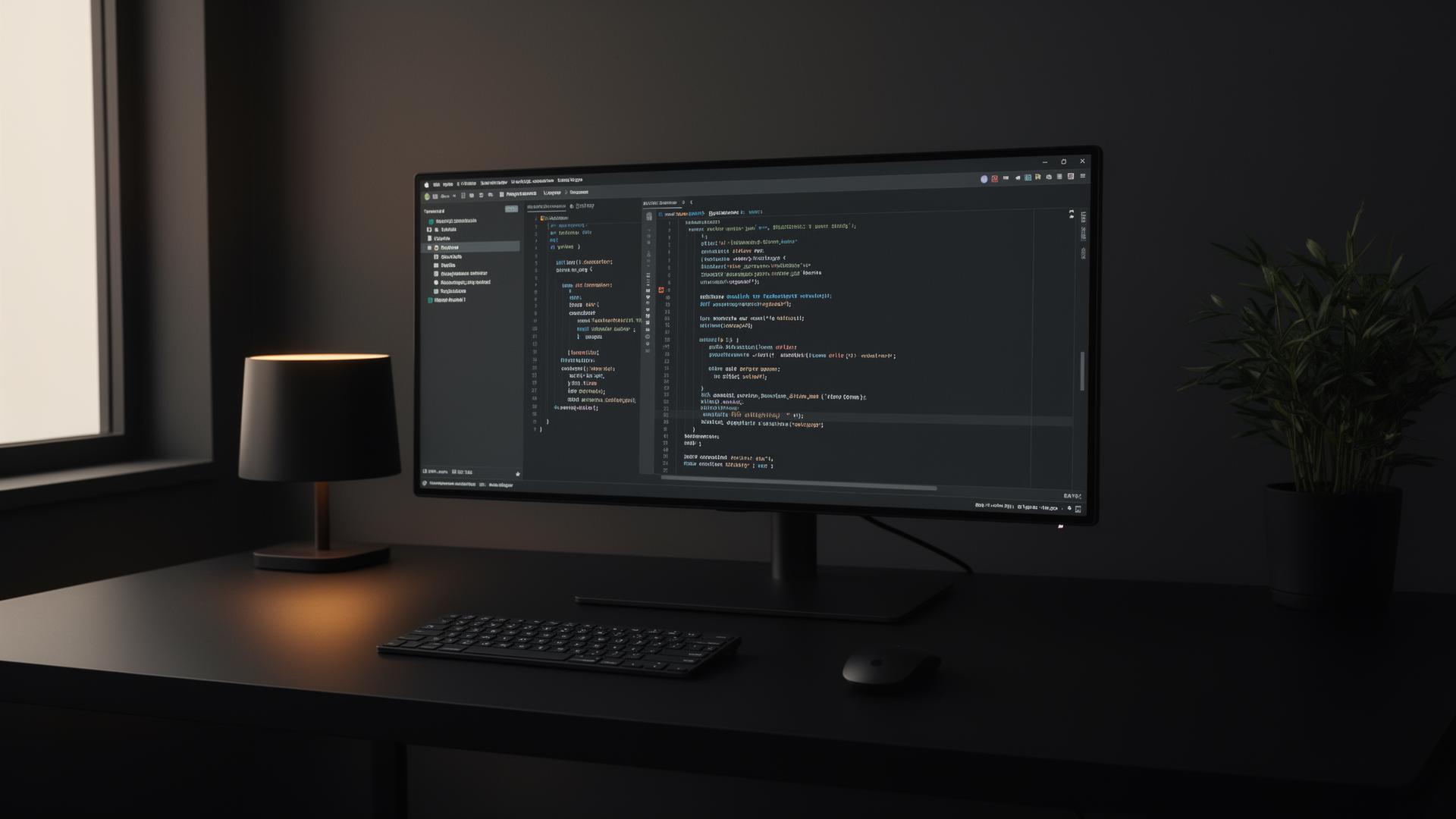 Workspace de engenharia de software com monitor exibindo código